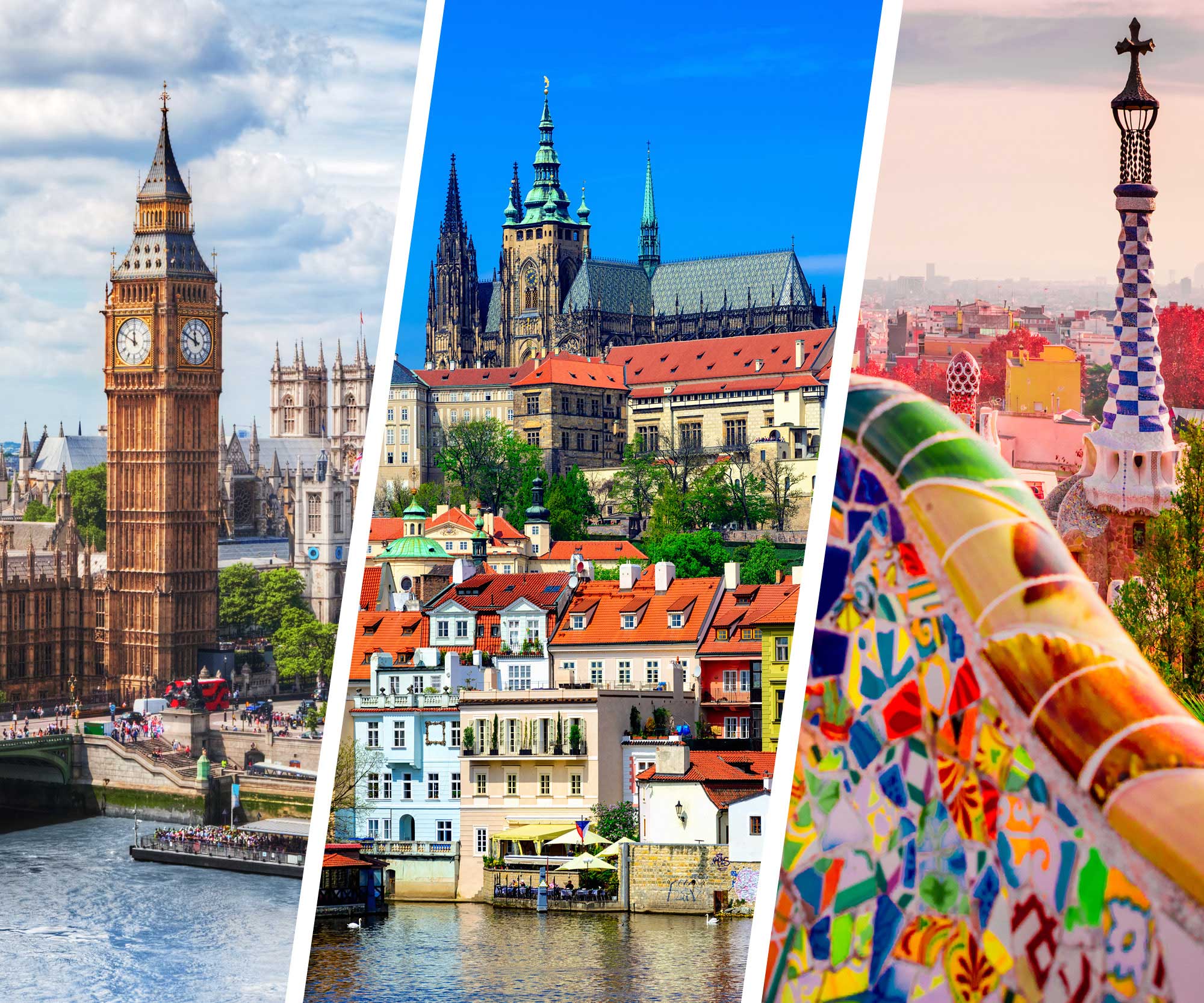 London - Big Ben, Prague Castle and Barcelona - Park GÃ¼ell